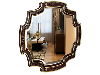 Ornate Decorative Mirror With Dark Gold Frame Reflecting Living Room Sofa And Coffee Table 3d model