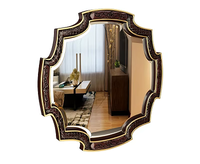 Ornate Decorative Mirror With Dark Gold Frame Reflecting Living Room Sofa And Coffee Table 3d model