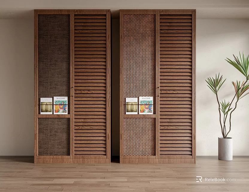 Modern Wooden Wardrobe With Slatted Doors And Textured Panels Near Potted Plant In Minimalist Room 3d model 