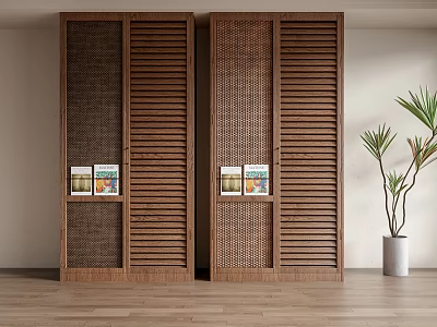 Modern Wooden Wardrobe With Slatted Doors And Textured Panels Near Potted Plant In Minimalist Room 3d model