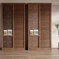 Modern Wooden Wardrobe With Slatted Doors And Textured Panels Near Potted Plant In Minimalist Room
