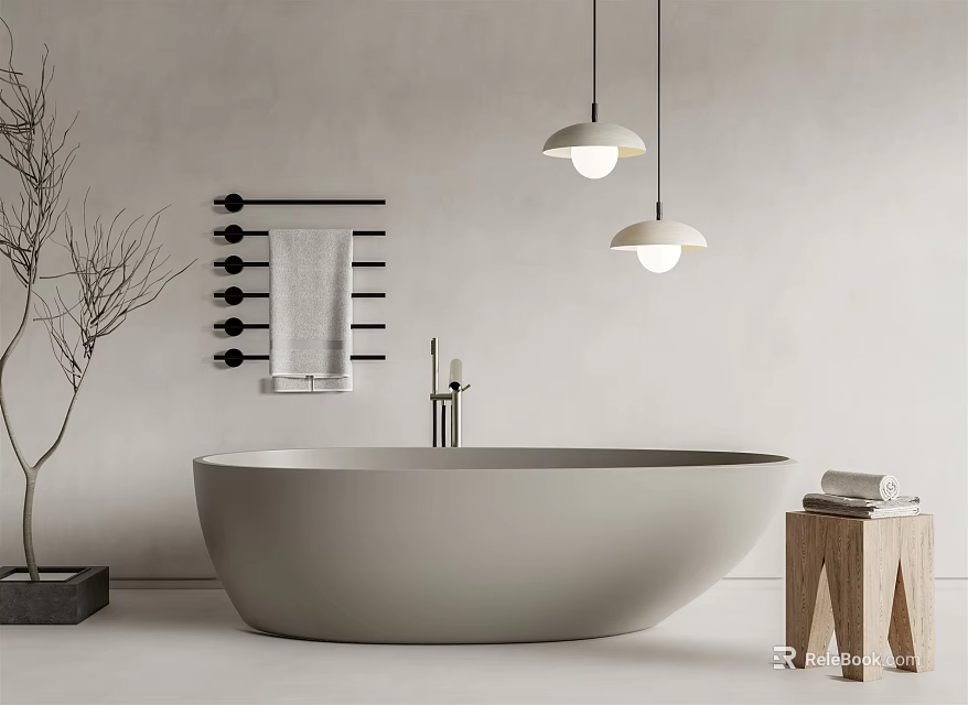 Modern Bathroom Interior With Freestanding Bathtub Pendant Lights Towel Rack And Wooden Stool 3d model 