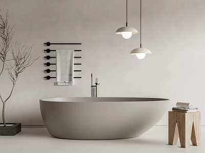 Modern Bathroom Interior With Freestanding Bathtub Pendant Lights Towel Rack And Wooden Stool 3d model