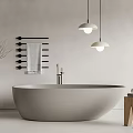 Modern Bathroom Interior With Freestanding Bathtub Pendant Lights Towel Rack And Wooden Stool