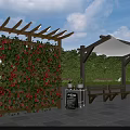 Wooden Pergola Covered In Red Climbing Flowers With Shade Canopy Benches And Blackboard Sign