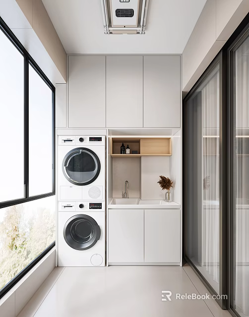 Modern Balcony Interior Design With Washing Machine Sink Storage Cabinets And Windows 3d model 