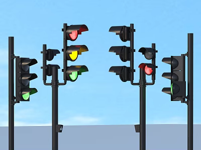 Multiple Traffic Lights With Red Yellow Green Signals On Poles Against Blue Sky Background 3d model
