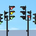Multiple Traffic Lights With Red Yellow Green Signals On Poles Against Blue Sky Background