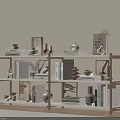 Modern Wooden Bookshelf with Layered Design and Decorative Items Books Vases Frames