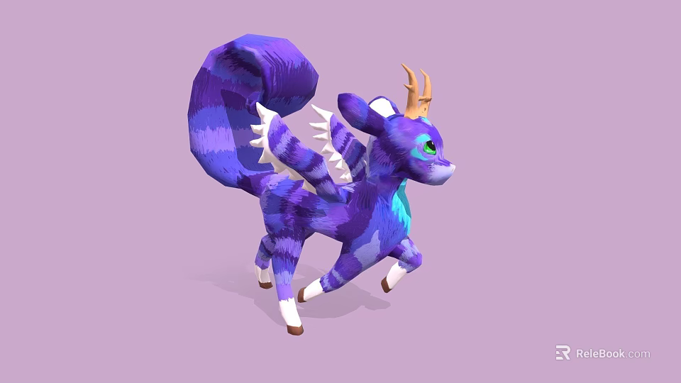 3D Fantasy Game Character With Purple Blue Fur Antler Horns And Dragon Wings 3d model 