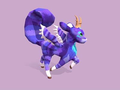 3D Fantasy Game Character With Purple Blue Fur Antler Horns And Dragon Wings 3d model