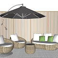 Woven Rattan Outdoor Sofa With Green White Cushions Umbrella And Sunset View Wooden Screen