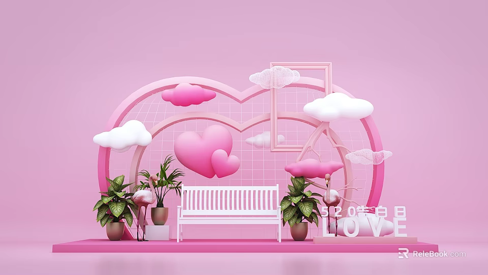 Romantic Valentine's Day Decor Featuring Pink Heart Clouds White Bench LOVE Letters And Green Plants 3d model 