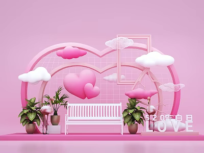 Romantic Valentine's Day Decor Featuring Pink Heart Clouds White Bench LOVE Letters And Green Plants 3d model