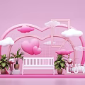 Romantic Valentine's Day Decor Featuring Pink Heart Clouds White Bench LOVE Letters And Green Plants