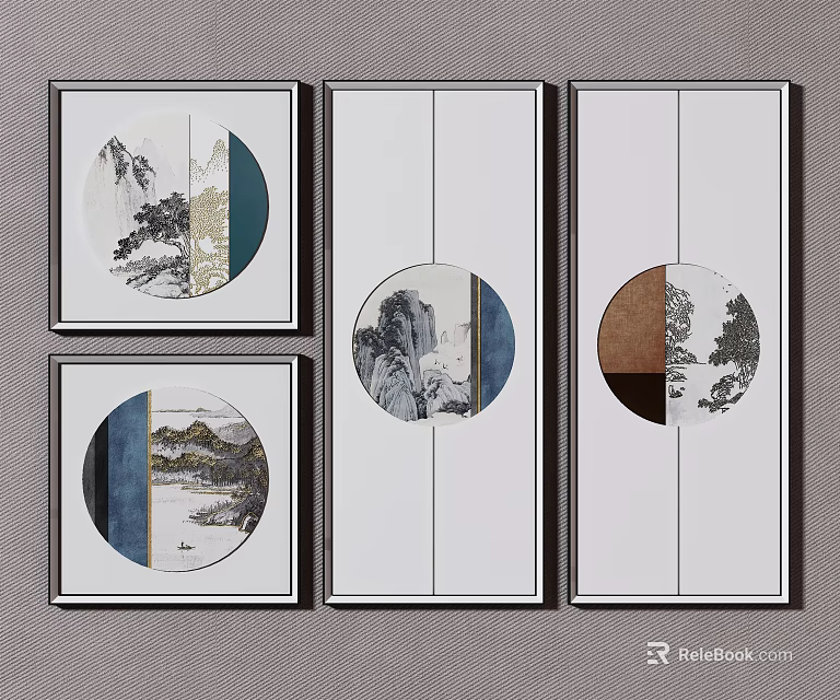 Chinese Style Wall Art with Circular and Rectangular Compositions Landscape Trees Black Frames Gray Background 3d model