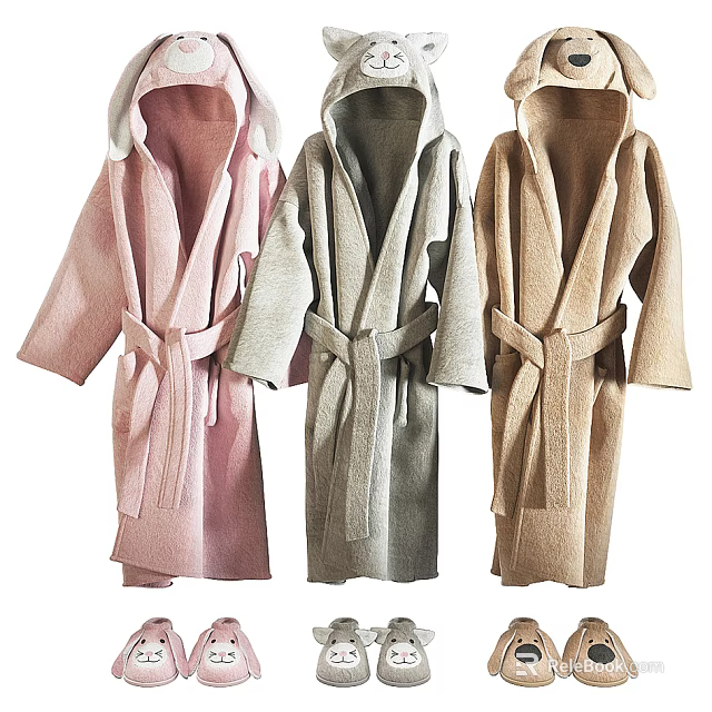 Cozy Hooded Robes in Pink Gray Beige Colors with Adjustable Belts for Loungewear 3d model 