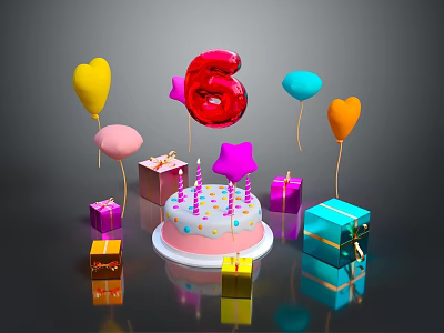 Decorative Lights for Birthday Party Featuring Cake Number 6 Balloon and Gift Boxes 3d model