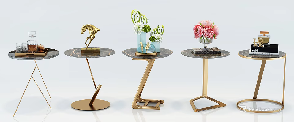 Stylish Round Side Tables With Marble Top Gold Metal Base And Decorative Figurine Vase Flowers 3d model 