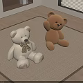 Cute White and Brown Teddy Bears Sitting on Beige Carpet in Room with Wooden Floor