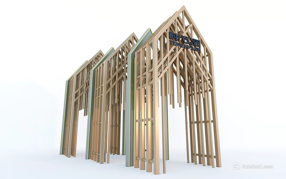 Wooden Entrance Gate with Modern Architectural Framework and Pointed Roof Frames for Contemporary Building Design 3d model 