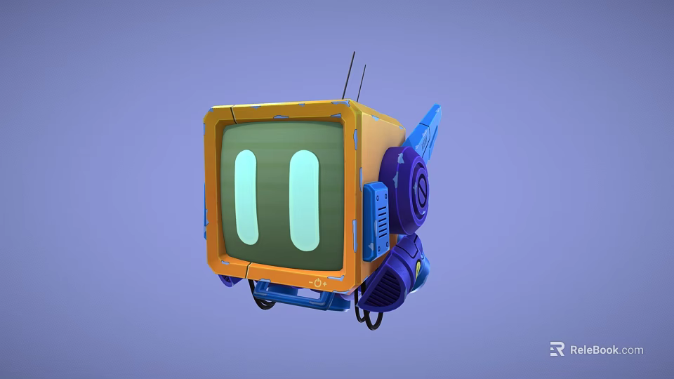 Animated Game Cartoon Robot Character With TV Shaped Head Screen Eyes Yellow Blue Body And Antenna 3d model 