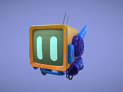 Animated Game Cartoon Robot Character With TV Shaped Head Screen Eyes Yellow Blue Body And Antenna 3d model