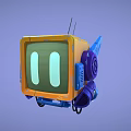 Animated Game Cartoon Robot Character With TV Shaped Head Screen Eyes Yellow Blue Body And Antenna