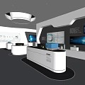 Modern Exhibition Hall Interior Design with White Curved Structures Multiple Screens and Information Displays