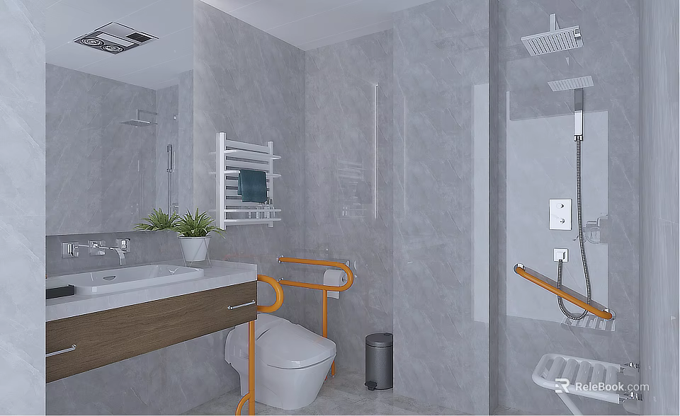 Modern Public Toilet Interior Design With Gray Tiled Walls Grab Bars Washbasin And Mirror 3d model 