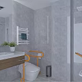 Modern Public Toilet Interior Design With Gray Tiled Walls Grab Bars Washbasin And Mirror