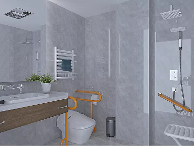 Modern Public Toilet Interior Design With Gray Tiled Walls Grab Bars Washbasin And Mirror 3d model
