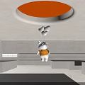 Teddy Bear In Orange Outfit Hanging With Balloons Under Orange Circular Light In Modern Minimalist Room