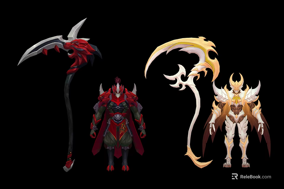 Mythical Warrior Characters In Ornate Armor With Red And Gold Scythe Like Weapons 3d model 