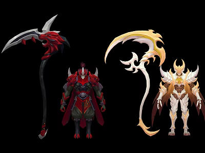 Mythical Warrior Characters In Ornate Armor With Red And Gold Scythe Like Weapons 3d model