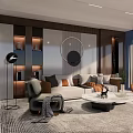 Modern Living Room Interior With Cozy Sofa Armchairs Marble Wall And Round Mirror