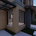 Modern Two Story Detached House Exterior With Large Windows Green Courtyard And Glass Roof