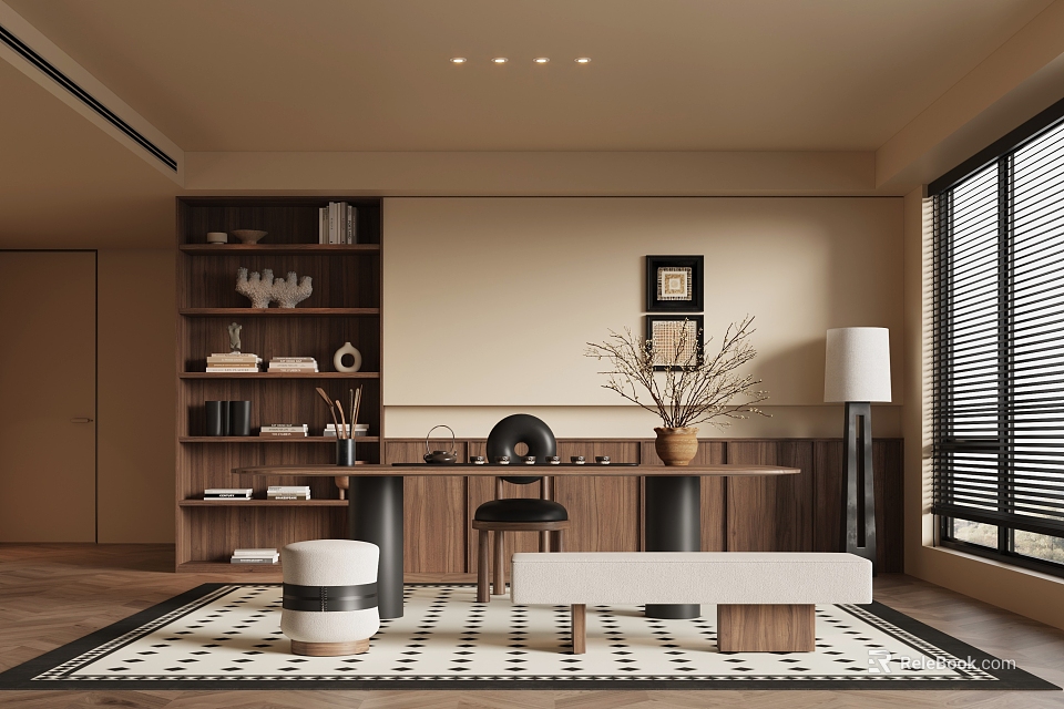 Modern Tea Room Interior With Wooden Bookshelf Books Tea Set White Bench And Checkered Rug 3d model 