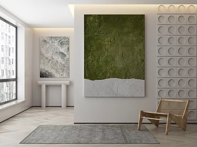 Modern Interior With Large Green Textured Painting Circular Pattern Wall Decor And Wooden Chair 3d model