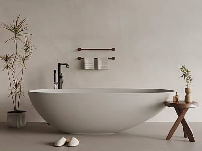 White Freestanding Bathtub With Black Faucet Wooden Side Table Potted Plants Slippers On Floor 3d model
