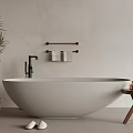 White Freestanding Bathtub With Black Faucet Wooden Side Table Potted Plants Slippers On Floor