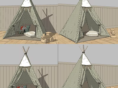 Cozy Green Checkered Teepee Tents with Soft Cushions and Toys on Wooden Deck 3d model