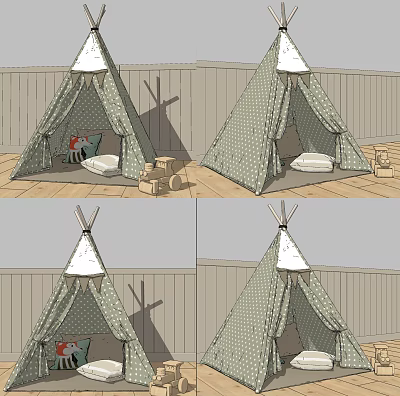 Cozy Green Checkered Teepee Tents with Soft Cushions and Toys on Wooden Deck 3d model