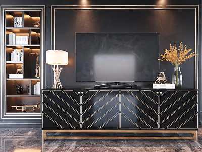 Black TV Stand with Gold Geometric Design Table Lamp Dried Flowers and Decorative Items 3d model
