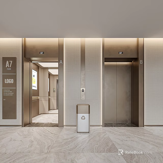 Modern Elevator Lobby Interior With Signage And Trash Bin 3d model