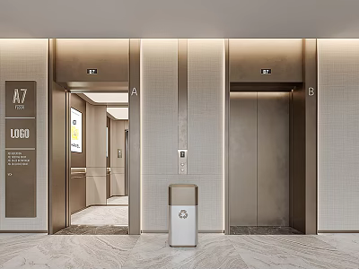 Modern Elevator Lobby Interior With Signage And Trash Bin 3d model