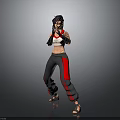 Woman In White Top And Black Pants With Red Accents Wearing Boxing Gloves In Stance
