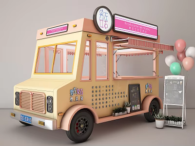 Pastel Colored Food Truck With Neon Sign Menu Board Balloons And Decorative Plants 3d model