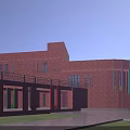 Modern School Building With Red Brick Walls Colorful Stripes Large Windows And Greenery