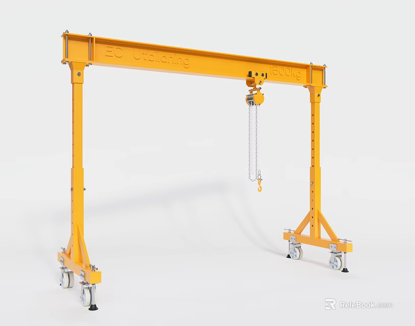 Industrial Mobile Gantry Crane with Yellow Frame Wheels and Chain Hoist 3d model 